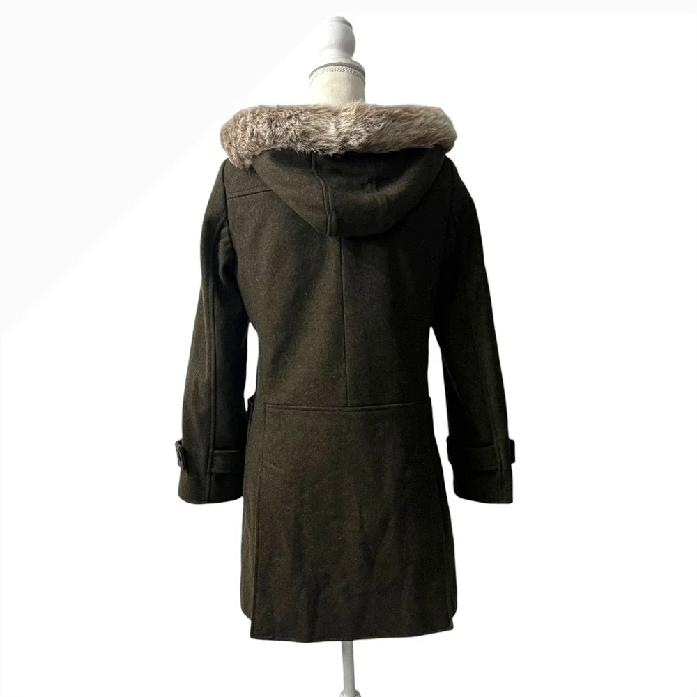 J.Crew Olive‎ Wool Toggle Duffle Coat with Shearling Trimmed Hood – Women's XS - Picture 2 of 6